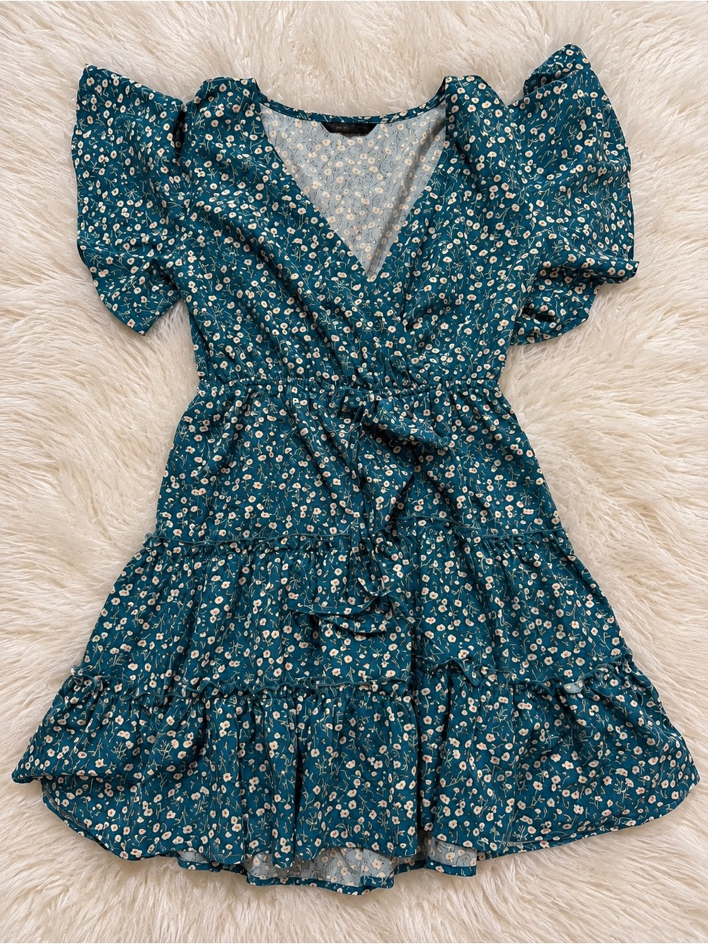 SHEIN Teal Floral Wrap Mini Dress